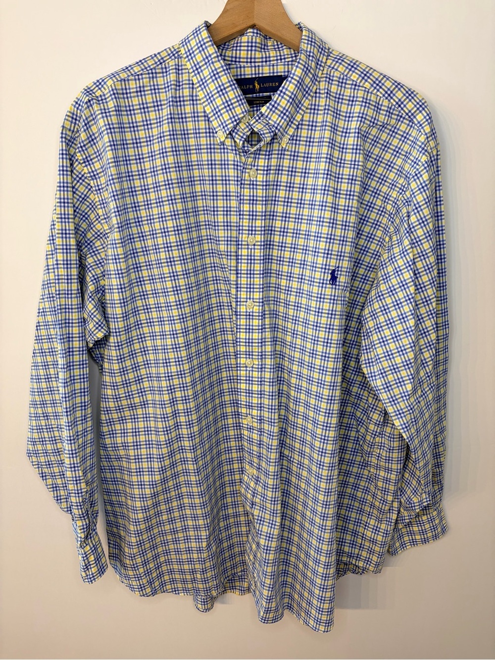 Ralph Lauren Men’s Yellow and Blue Plaid Button Down Collar Oxford Shirt, 2XL